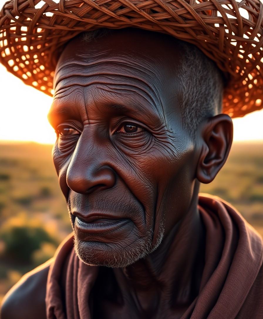 AI generated art for prompt: Envision a photorealistic portrait of an African elder, their wisdom reflected in weathered skin and