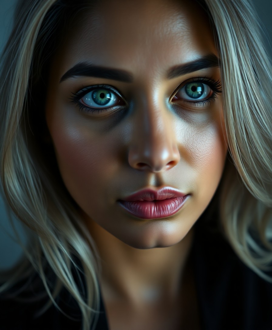 AI generated art for prompt: A photorealistic portrait photograph depicts a pensive South Asian woman with striking emerald eyes 