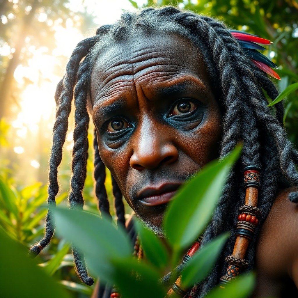 AI generated art for prompt: Craft a photorealistic portrait of an enigmatic African shaman with deep, piercing eyes and weathere