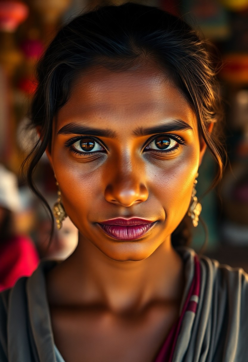 AI generated art for prompt: In a photorealistic portrait, a South Asian woman's enigmatic presence is captured by her piercing d