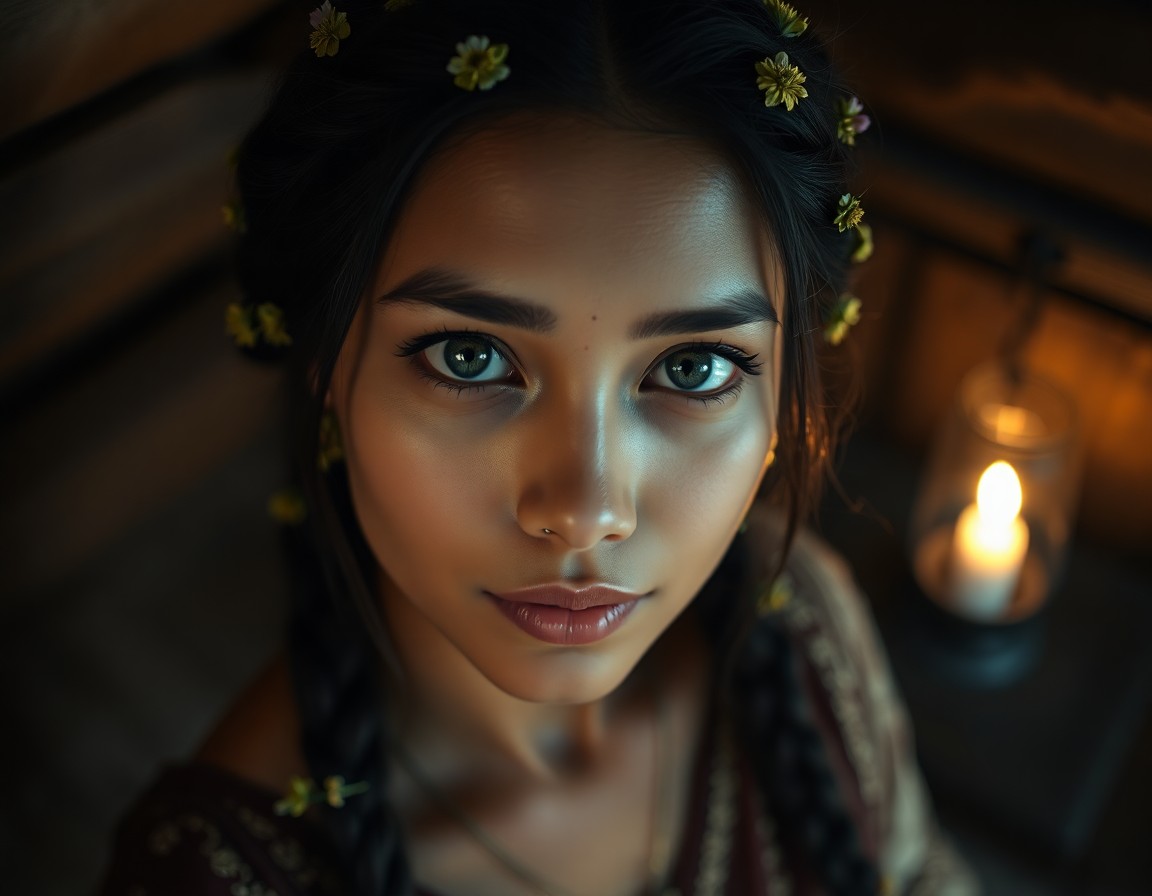 AI generated art for prompt: Imagine a portrait photograph capturing the pensive gaze of a South Asian woman with piercing blue e