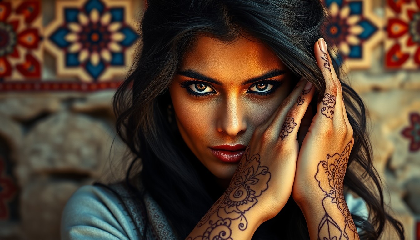 AI generated art for prompt: Craft a photorealistic portrait of a charismatic Middle Eastern woman with intense dark eyes and cas