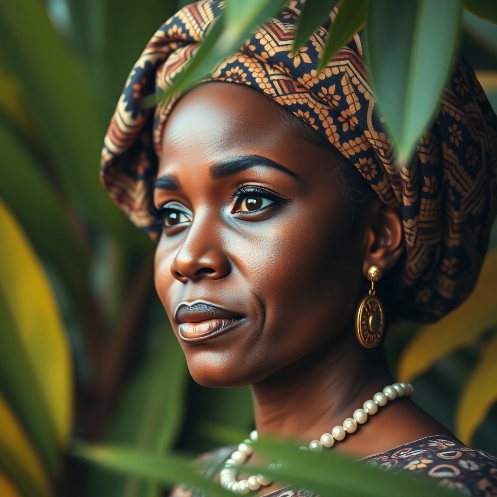 AI generated art for prompt: A photorealistic portrait showcases a 45-year-old African woman with warm honey-brown skin and deep 