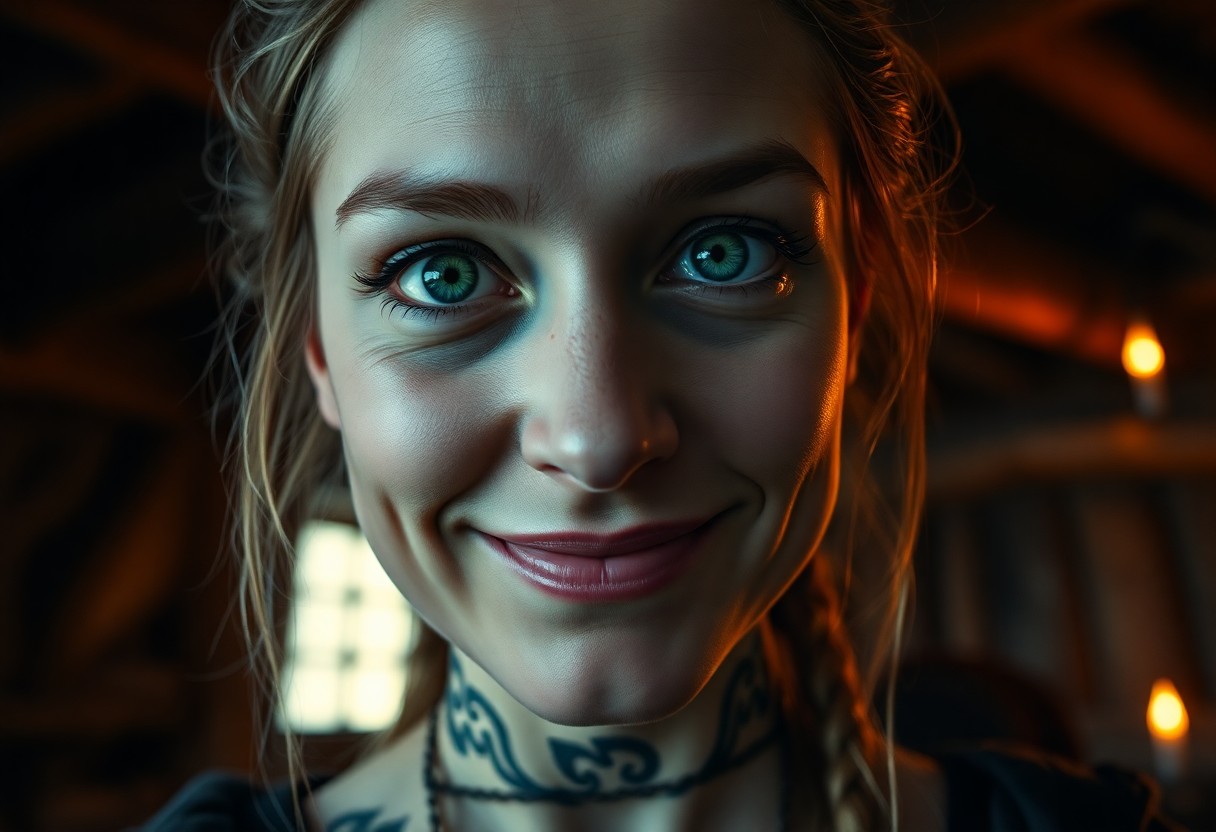 AI generated art for prompt: A portrait photograph of a European woman with emerald-green eyes and intricate Viking tattoos exude