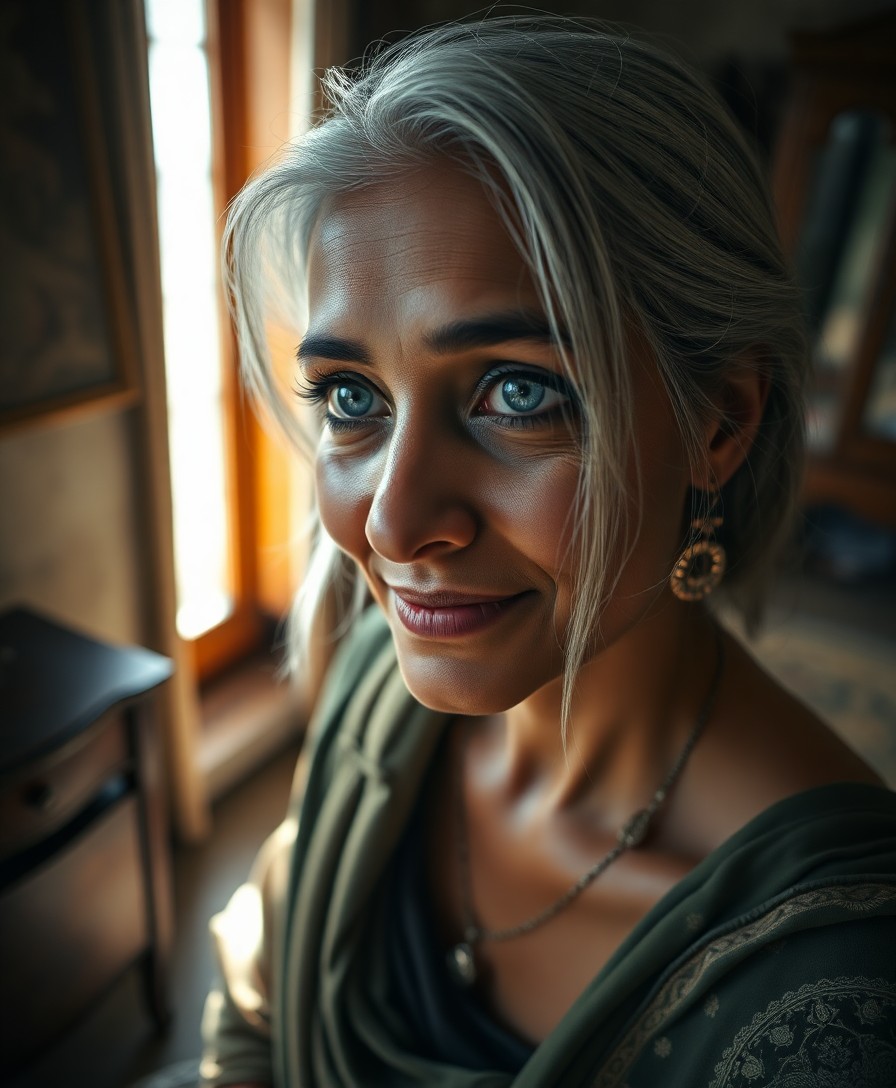 AI generated art for prompt: A portrait photograph captures a South Asian woman with striking blue eyes and silver hair, illumina