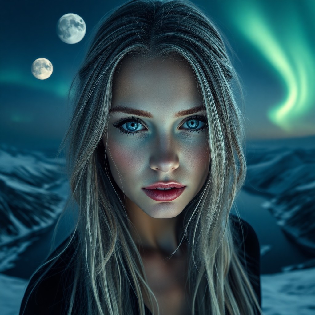 AI generated art for prompt: A photorealistic portrait photograph captures the enigmatic Slavic woman with piercing blue eyes and