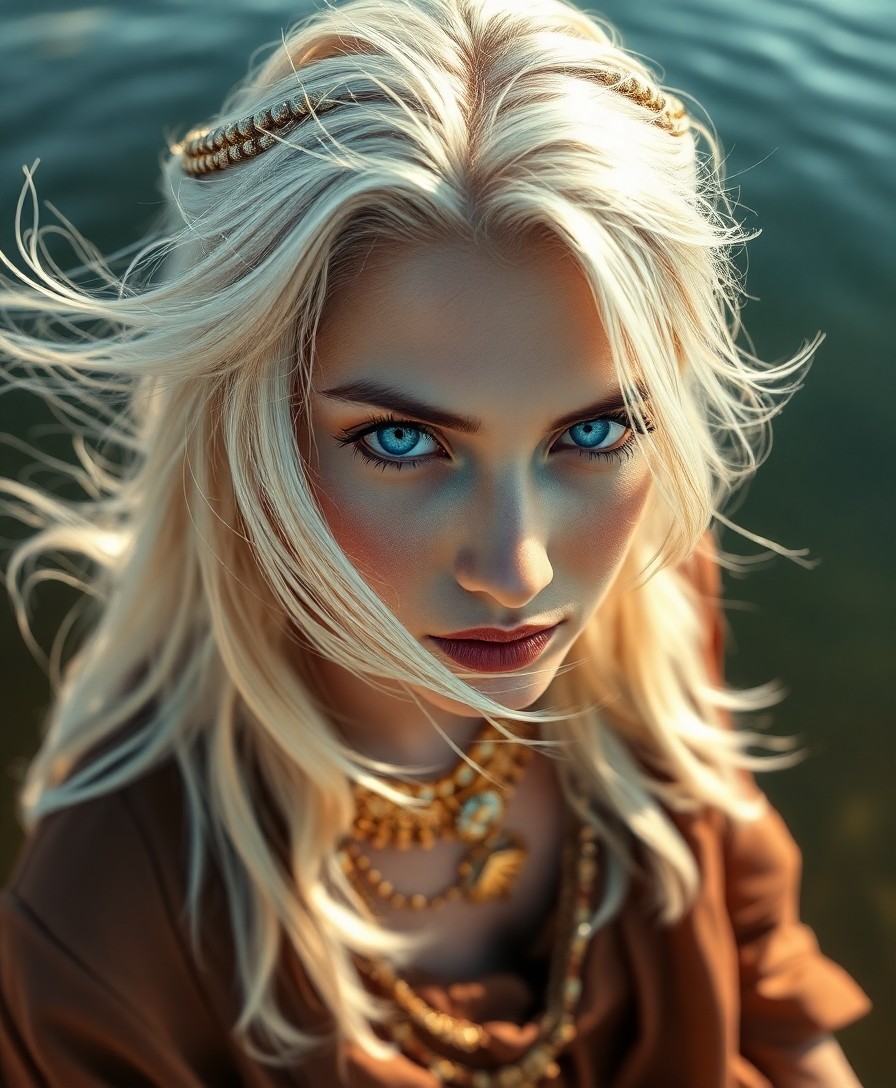 AI generated art for prompt: Create a photorealistic portrait of an enigmatic Middle Eastern woman with captivating blue eyes and