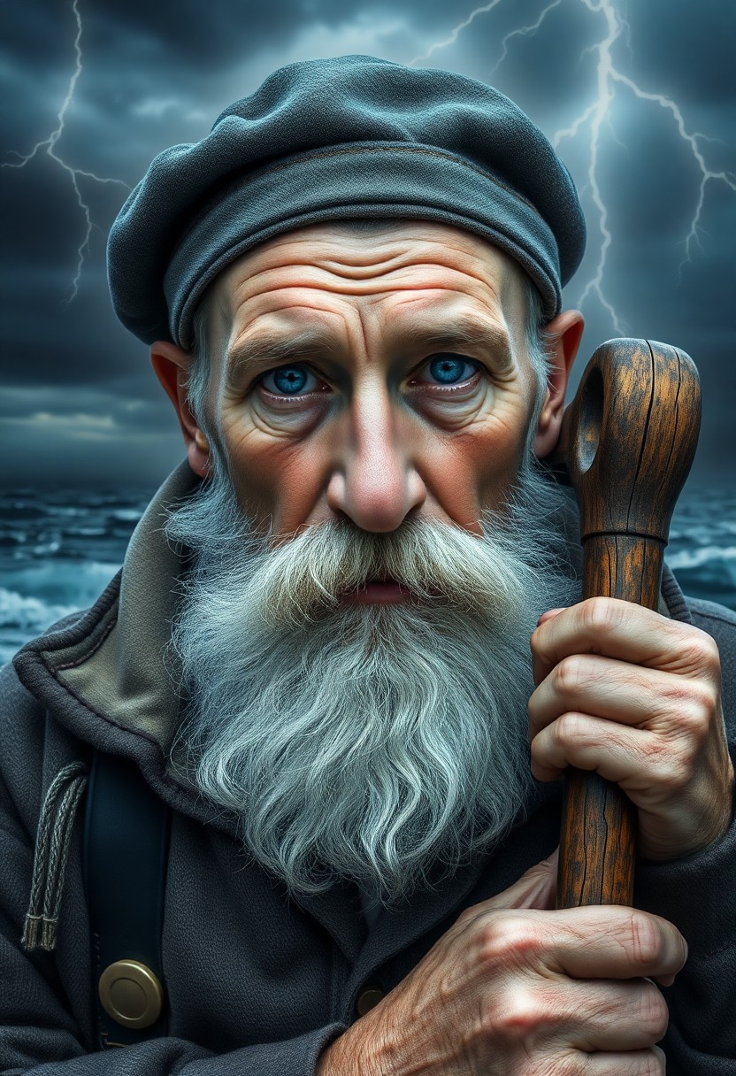 AI generated art for prompt: Craft a photorealistic portrait of an aged Slavic fisherman with piercing blue eyes and a full white