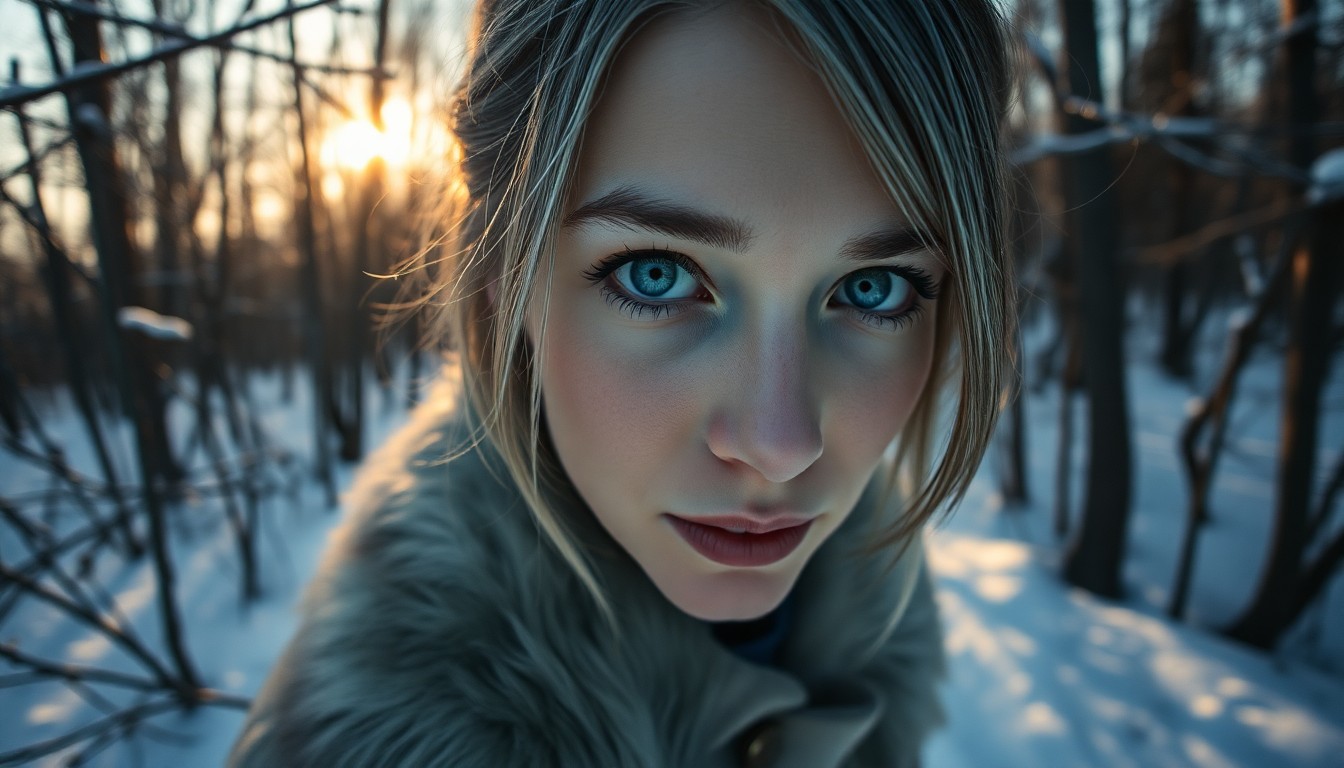 AI generated art for prompt: A hyperrealistic portrait depicts a 45-year-old Nordic woman with mesmerizing azure eyes and silver-