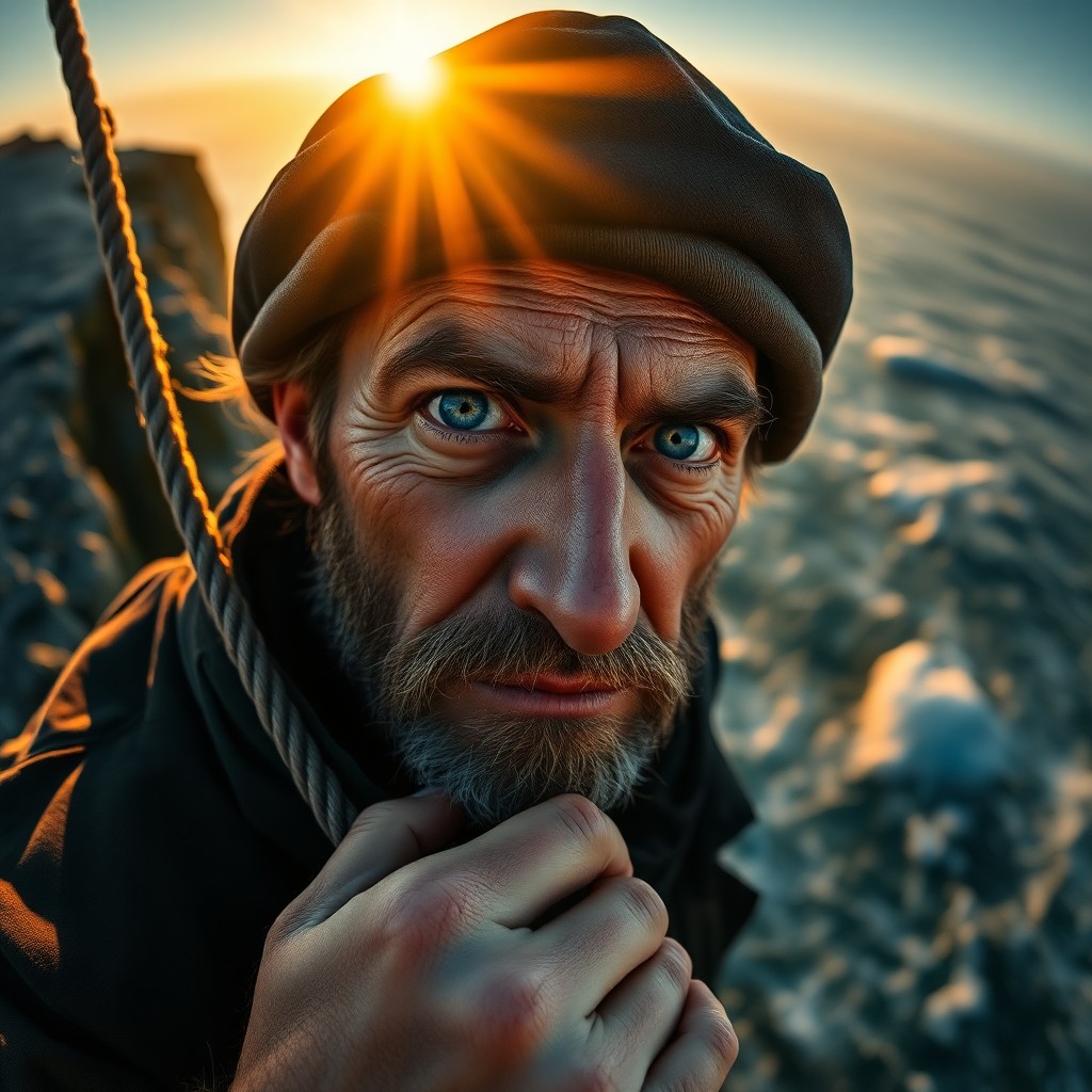 AI generated art for prompt: Craft a photorealistic portrait of a Slavic fisherman with rugged features and piercing blue eyes, c