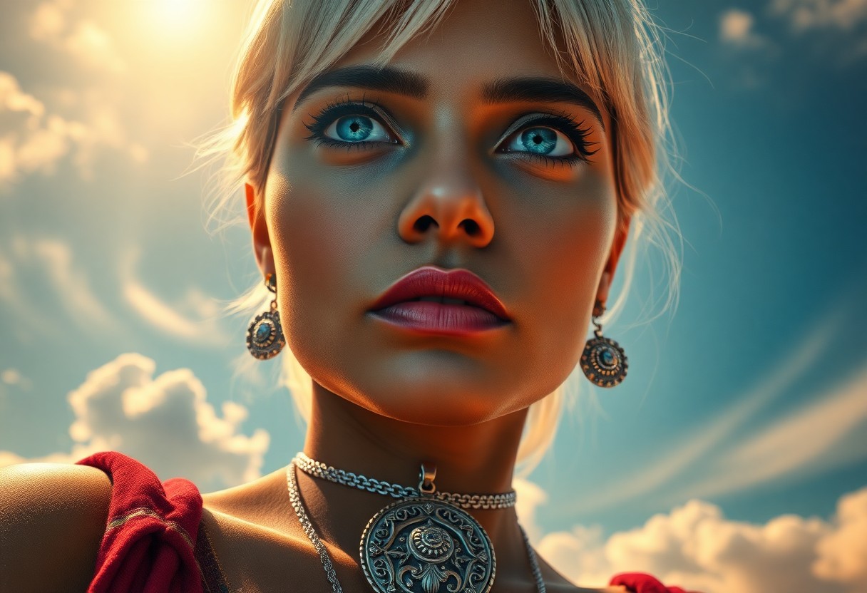 AI generated art for prompt: Photorealistic portrait of an enigmatic South Asian woman with piercing blue eyes and platinum hair,