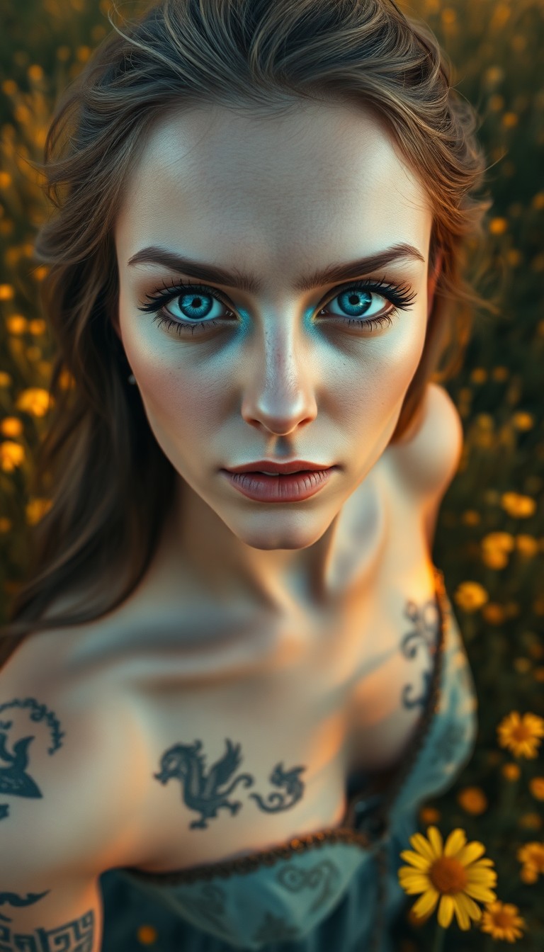 AI generated art for prompt: Envision a captivating portrait of a Nordic woman in her early thirties, featuring piercing blue eye