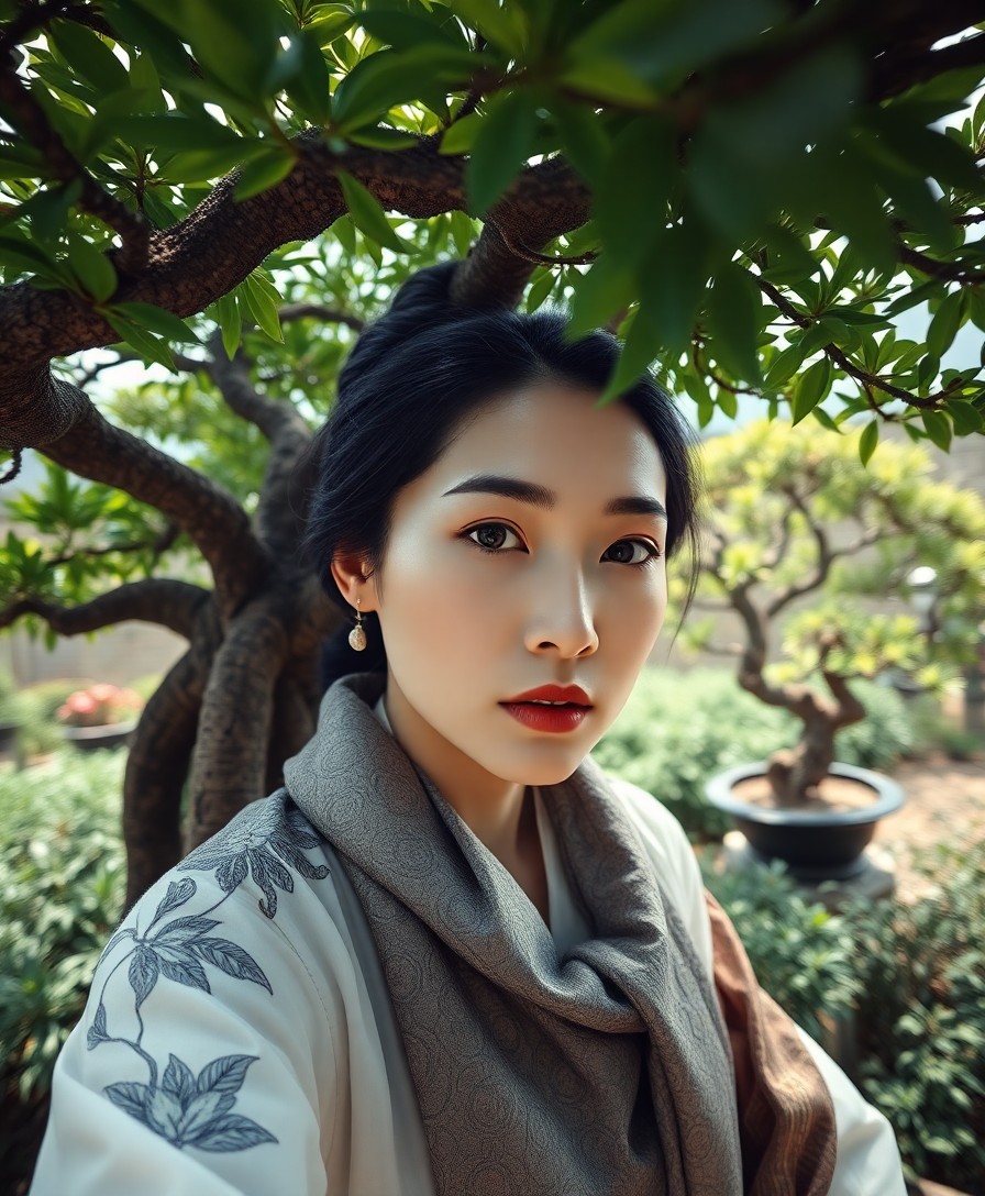 AI generated art for prompt: Craft an ultra-realistic portrait of an East Asian woman with porcelain skin, high cheekbones, and d