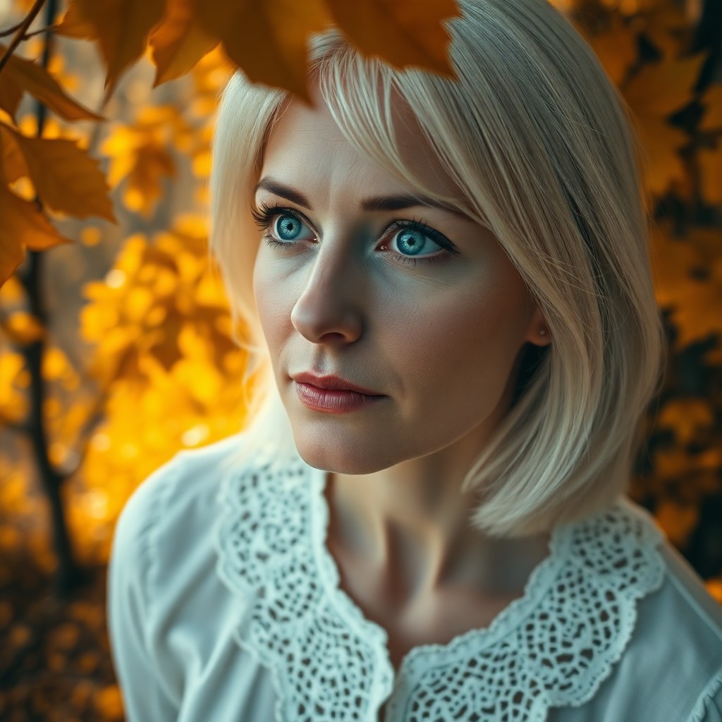 AI generated art for prompt: A photorealistic portrait captures a Nordic woman in her mid-forties with piercing blue eyes and sho