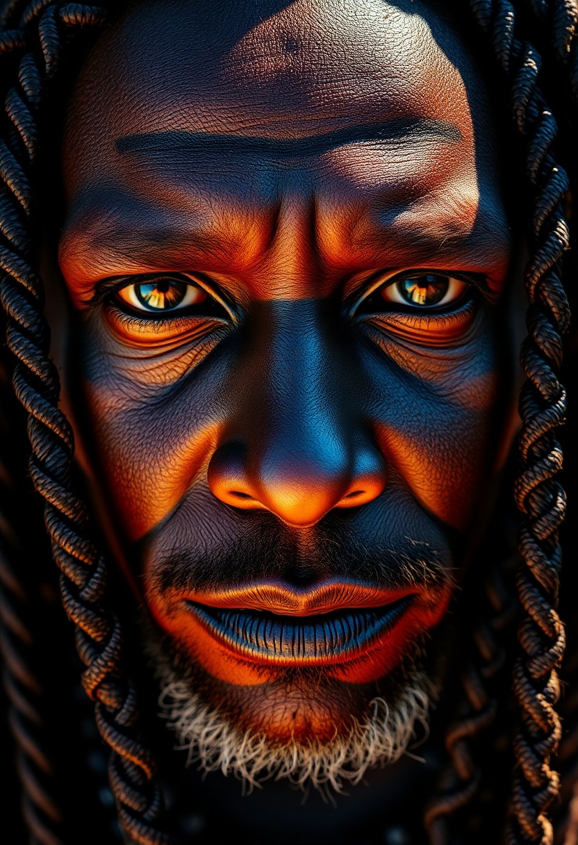 AI generated art for prompt: Craft a photorealistic portrait of an African shaman exuding charisma with amber eyes and intricate 