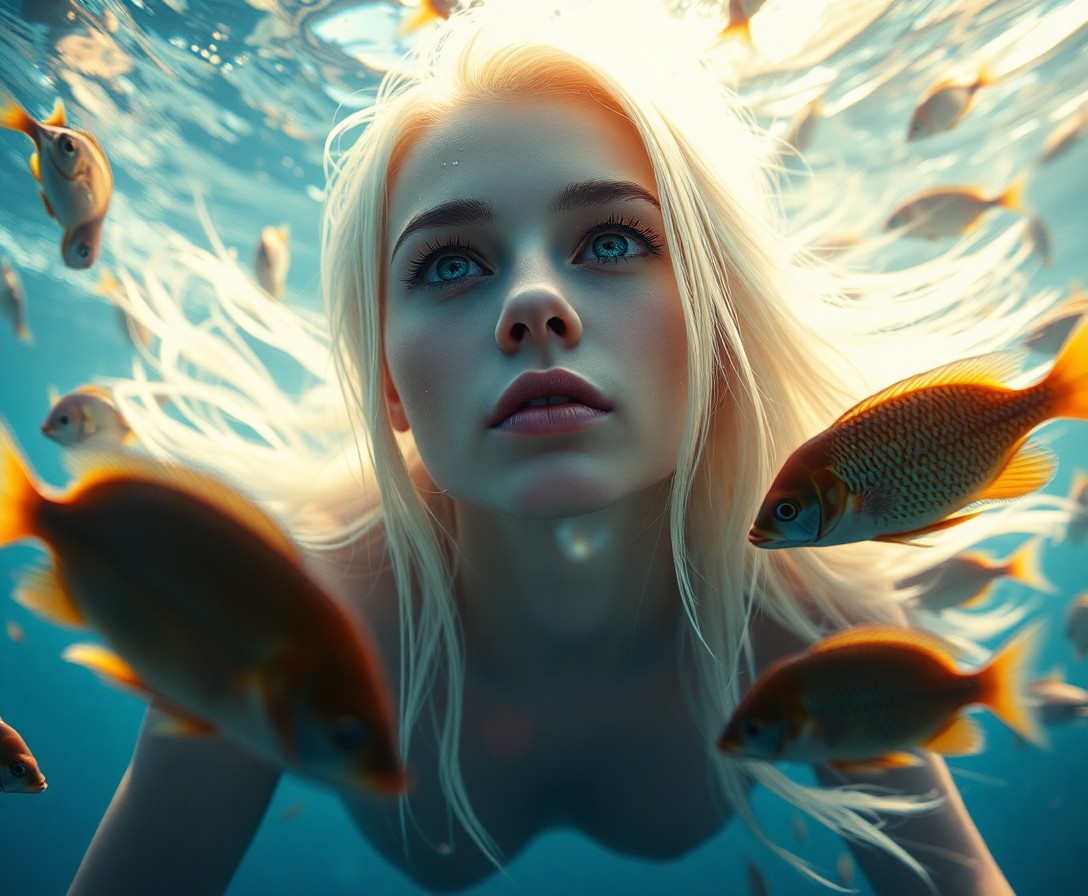 AI generated art for prompt: Craft a photorealistic portrait of a serene Slavic woman with ice-blue eyes and platinum hair, float