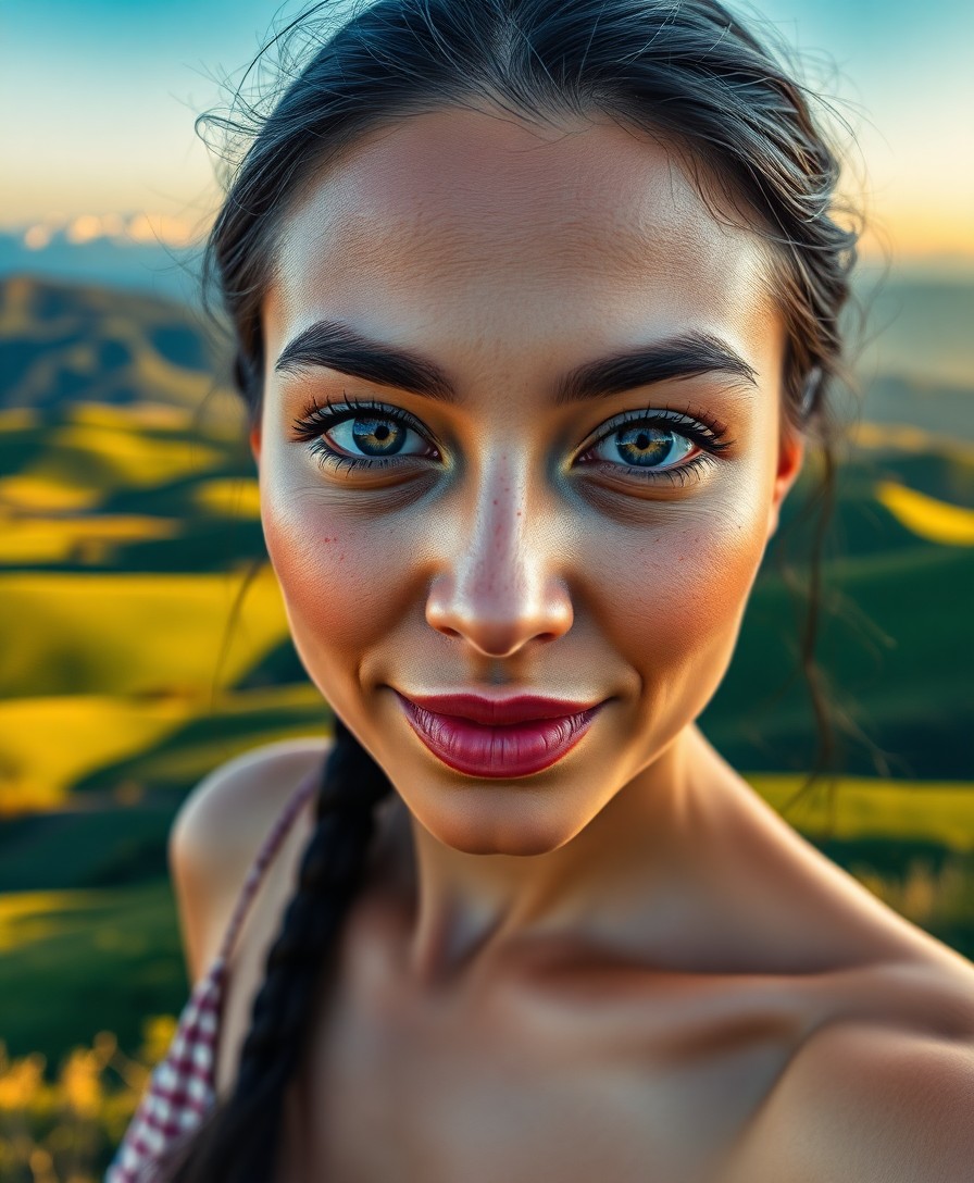 AI generated art for prompt: Craft a photorealistic portrait of a Hispanic woman with captivating violet eyes and delicate freckl