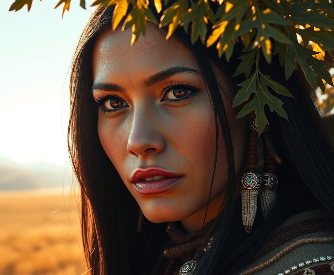 AI generated art for prompt: Craft a hyperrealistic portrait of a Native American woman exuding strength and contemplation. Featu