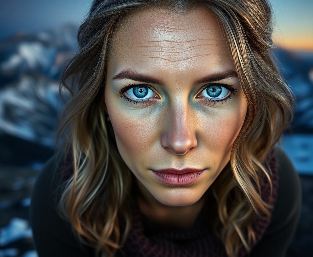 AI generated art for prompt: A hyperrealistic portrait depicts a pensive Nordic woman in her early forties with piercing blue eye