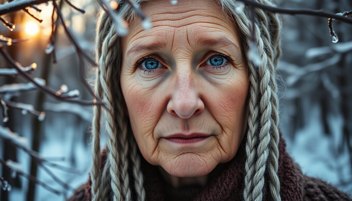 AI generated art for prompt: An ethereal portrait photograph captures an elderly Nordic woman with deep blue eyes and intricate s