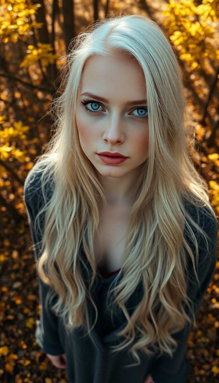 AI generated art for prompt: Envision an enigmatic European woman with piercing ice-blue eyes and long, platinum blonde hair fall