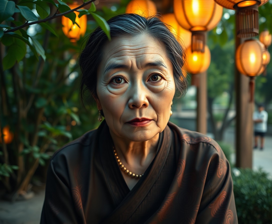 AI generated art for prompt: Envision a photorealistic portrait of an astute middle-aged Asian woman with tender wrinkles and sou