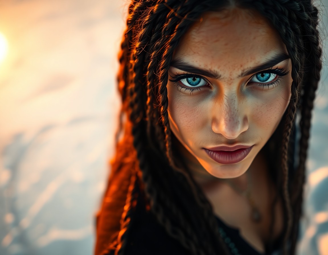 AI generated art for prompt: An ultrarealistic portrait of a South Asian woman with striking blue eyes and intricate braided hair