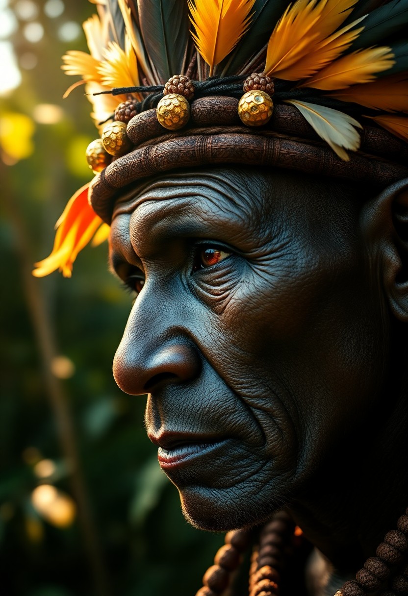 AI generated art for prompt: Employing photorealistic techniques, depict an African tribal chief's essence—his deep-set eyes, wis