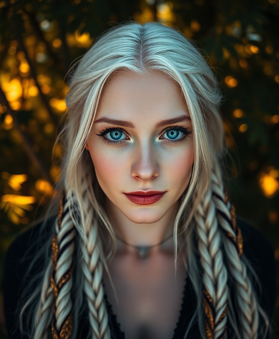 AI generated art for prompt: Craft a hyperrealistic portrait of an enigmatic Nordic woman with captivating blue eyes and fair ski