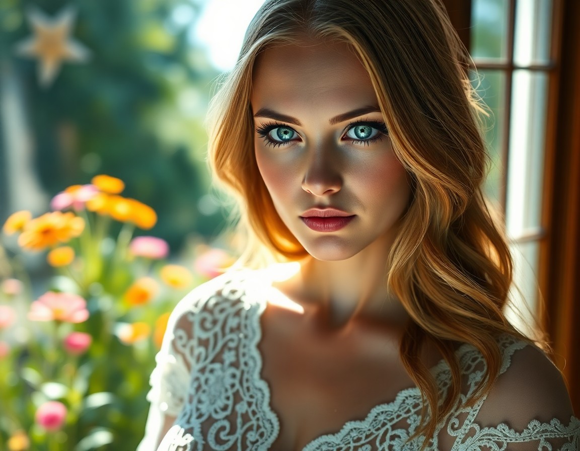 AI generated art for prompt: A captivating photorealistic portrait captures a Slavic woman's essence with mesmerizing icy blue ey