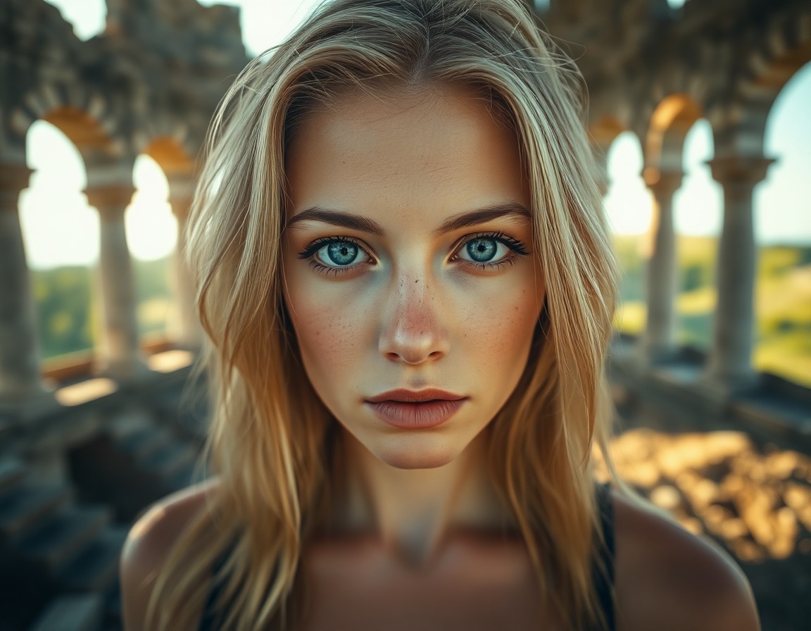 AI generated art for prompt: Envision a captivating portrait of an enigmatic Slavic woman with piercing blue eyes and striking bl