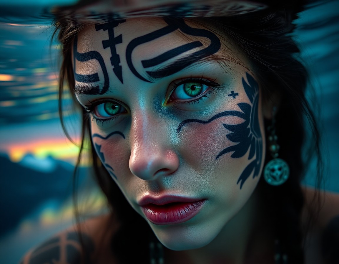 AI generated art for prompt: A portrait photograph captures a Native American woman's enigmatic gaze, her traditional Maori tatto