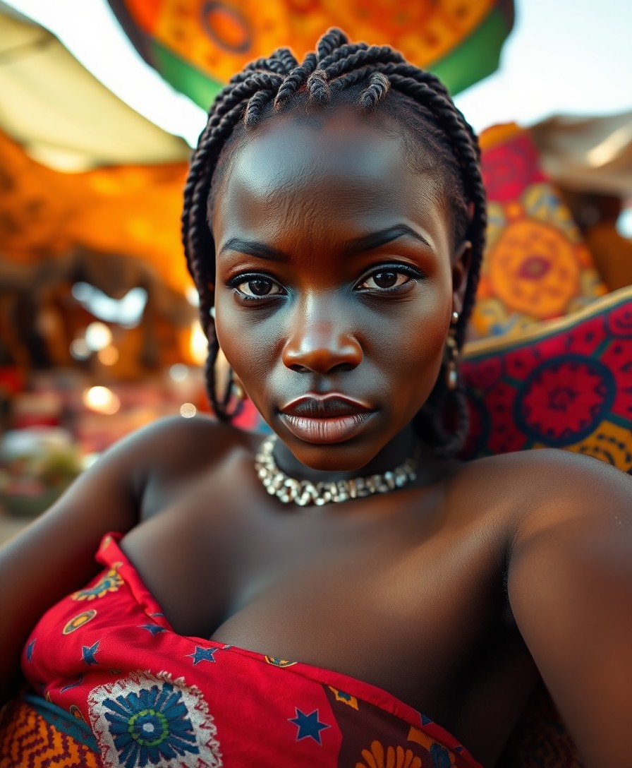 AI generated art for prompt: Envision a photorealistic portrait of an African woman with smooth, rich skin and captivating dark e