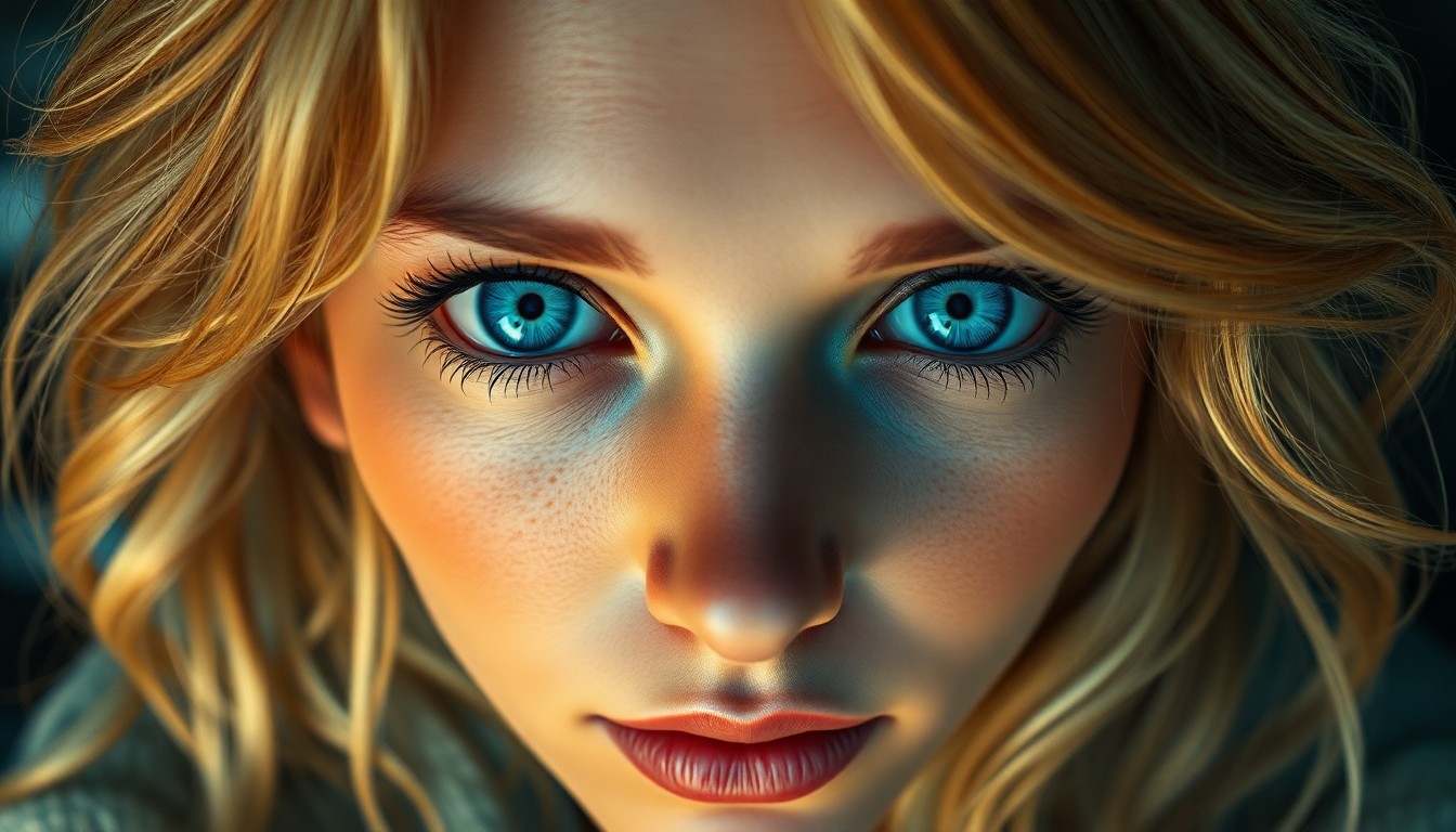 AI generated art for prompt: A photorealistic portrait of a Slavic woman with mesmerizing ice-blue eyes and golden-blonde hair st