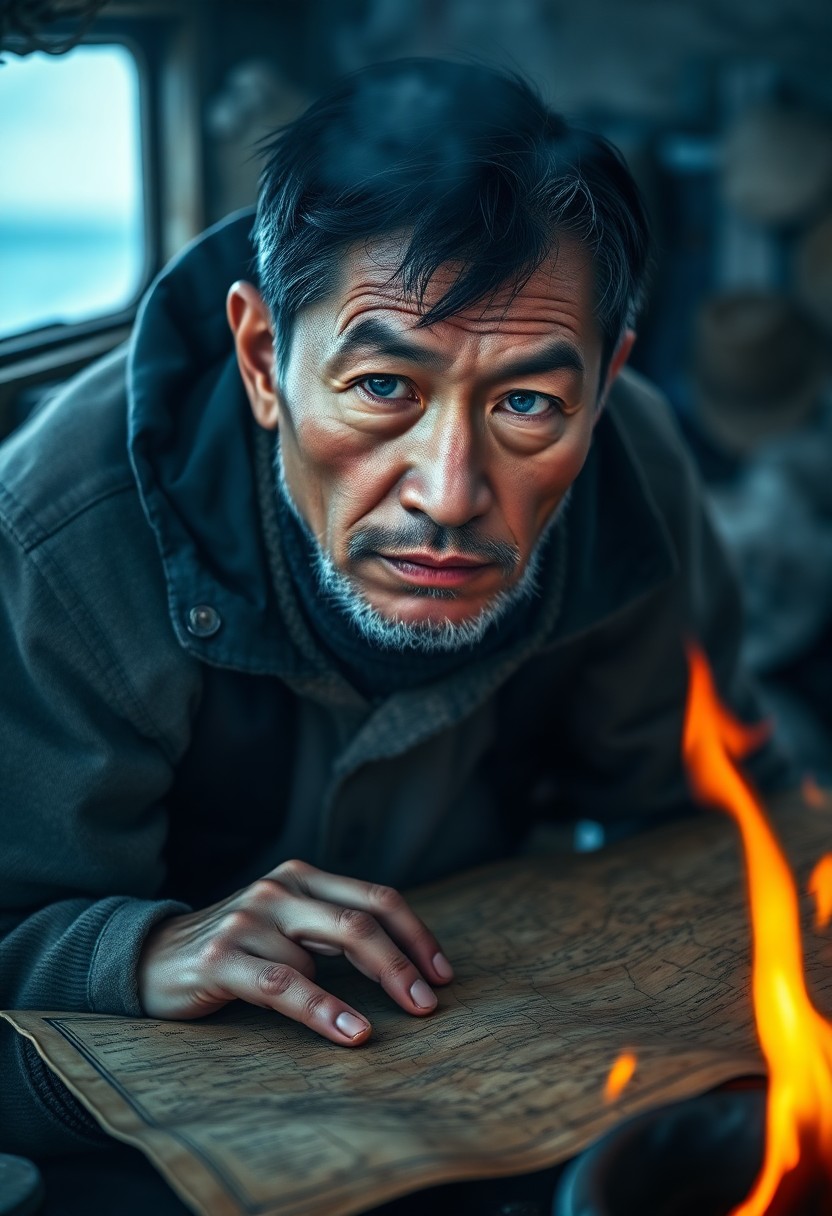 AI generated art for prompt: Craft a photorealistic portrait of an East Asian fisherman, his weathered face and piercing blue eye