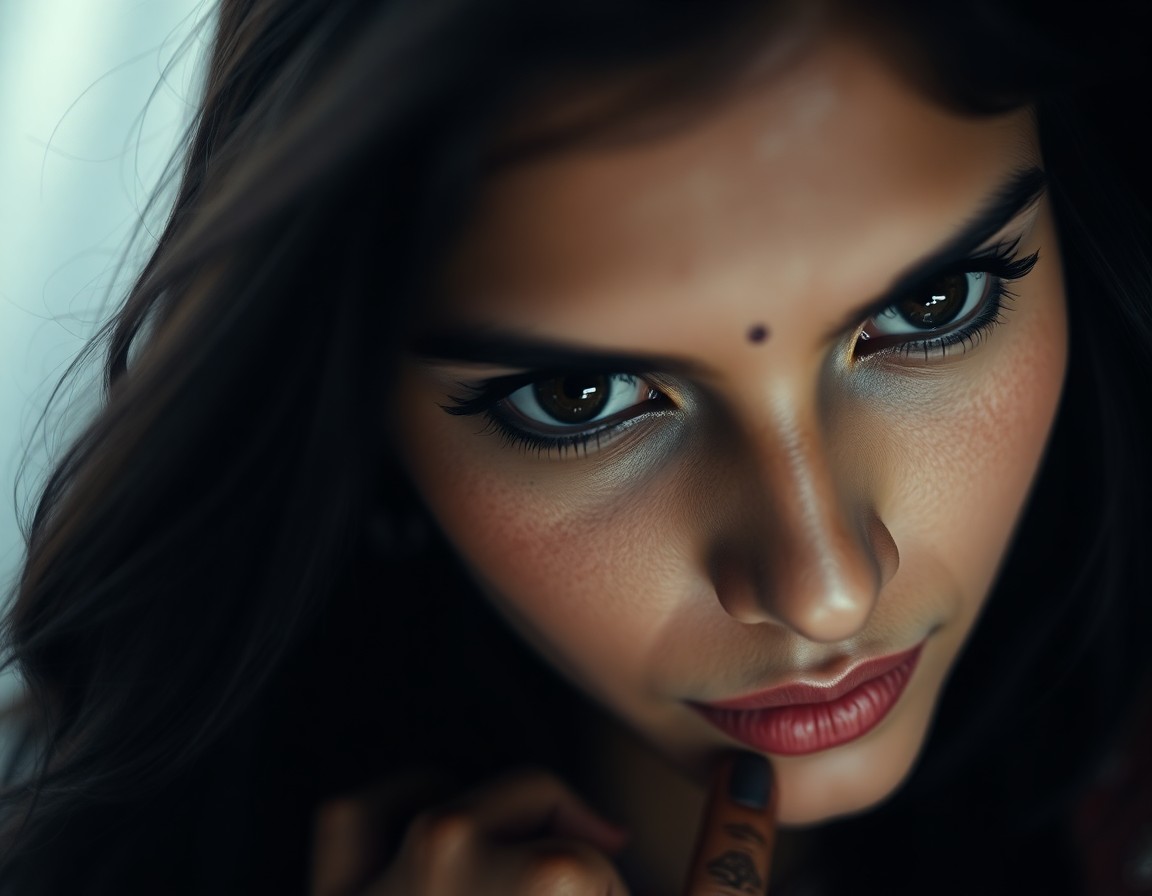 AI generated art for prompt: Imagine a smartphone-captured portrait of an enigmatic South Asian woman with captivating dark eyes 