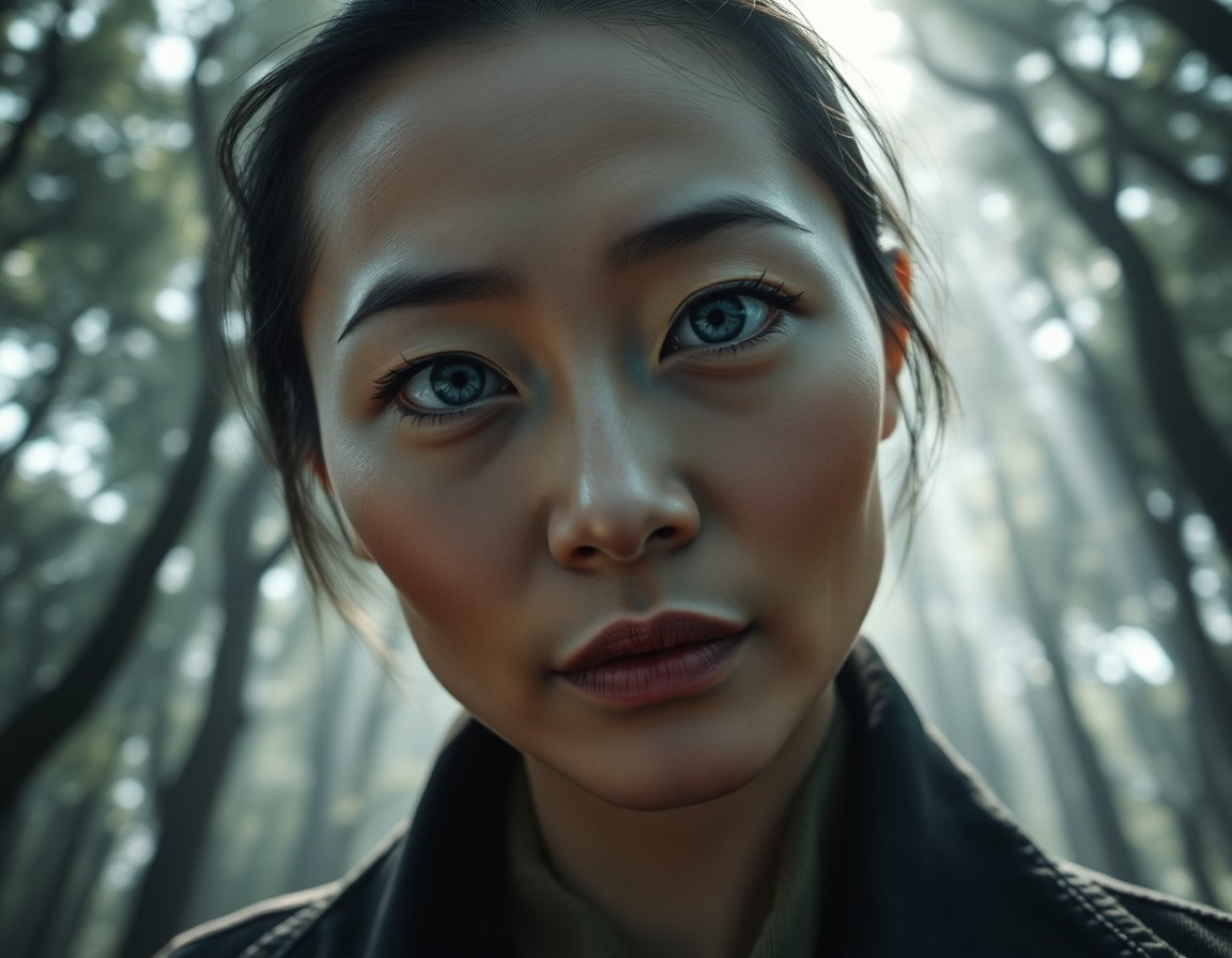 AI generated art for prompt: A portrait photograph showcases a captivating East Asian woman with piercing blue eyes accentuated b