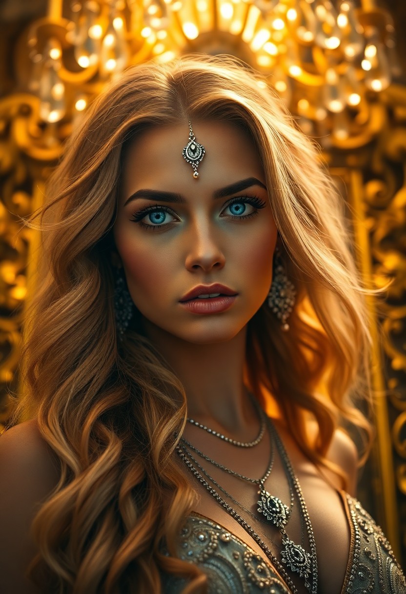 AI generated art for prompt: Envision a portrait photograph of a Hispanic goddess with sun-kissed skin, intense blue eyes, and fl