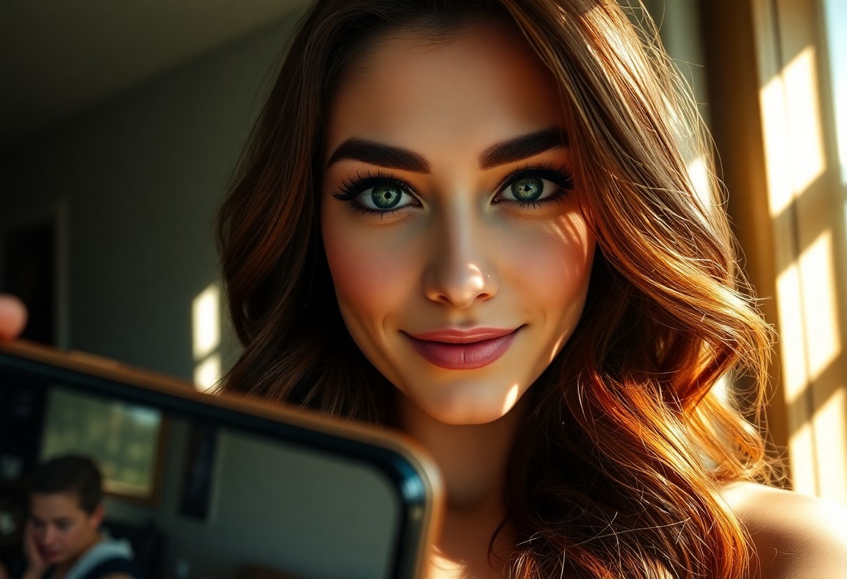 AI generated art for prompt: A smartphone camera captures an enigmatic portrait of a woman with captivating emerald eyes and dark