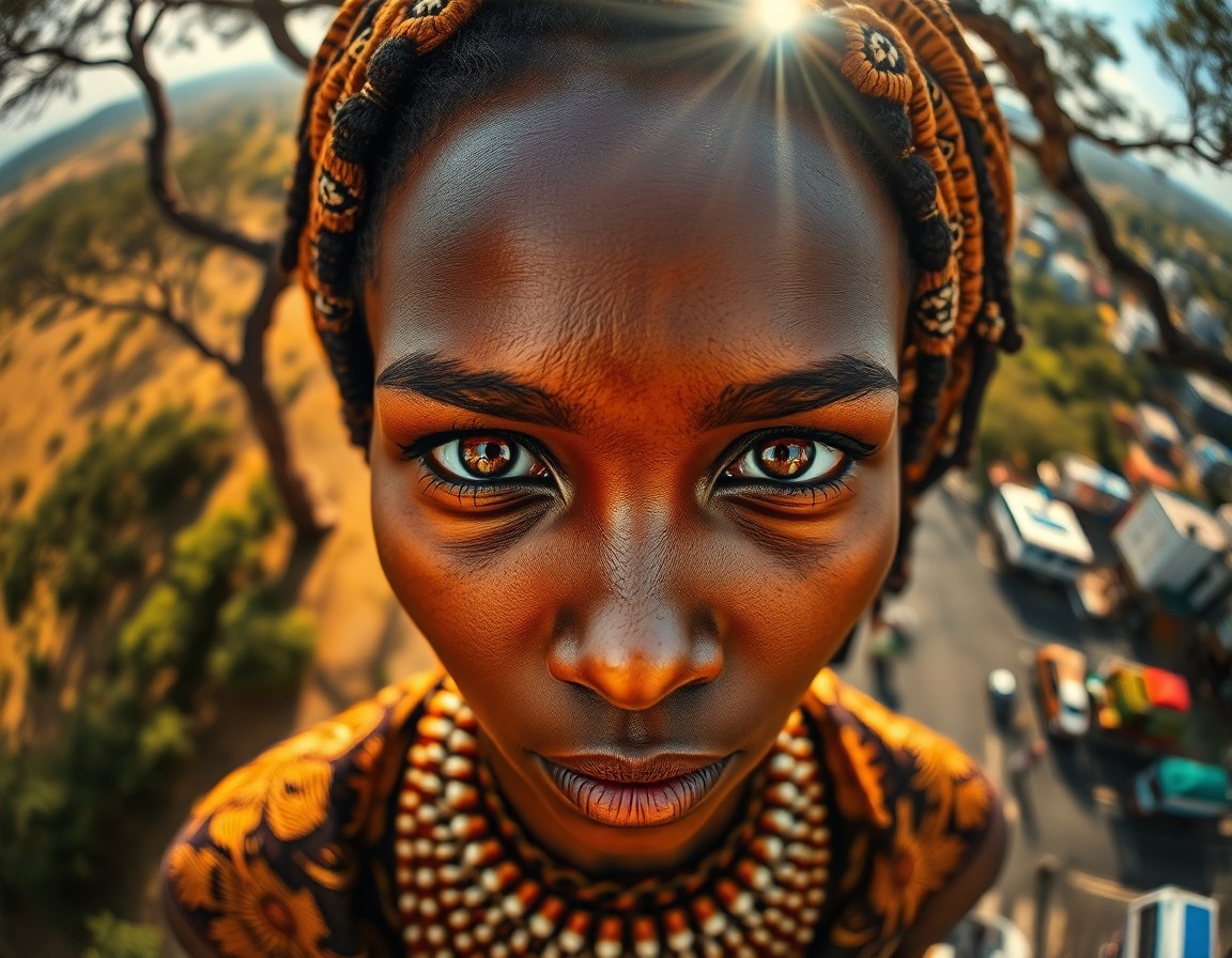 AI generated art for prompt: A hyperrealistic portrait of an enigmatic African woman with captivating amber eyes, adorned in intr