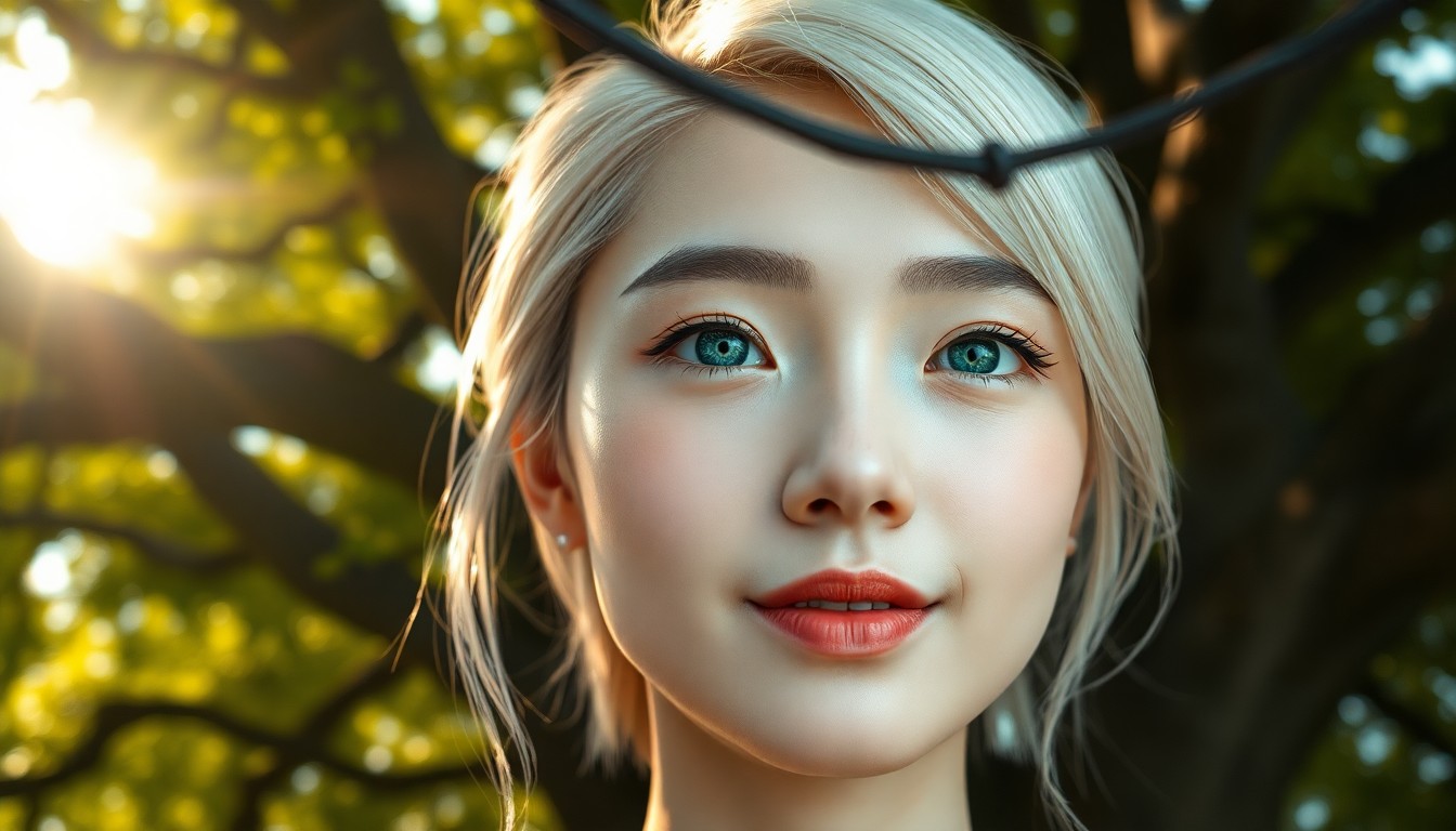 AI generated art for prompt: A photorealistic portrait of a young East Asian woman with emerald eyes and platinum blonde hair, ca