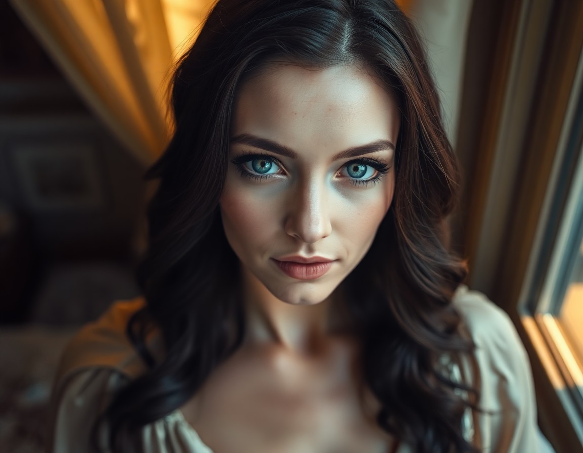 AI generated art for prompt: Envision a smartphone portrait of an enigmatic Slavic woman with captivating blue eyes and lustrous 