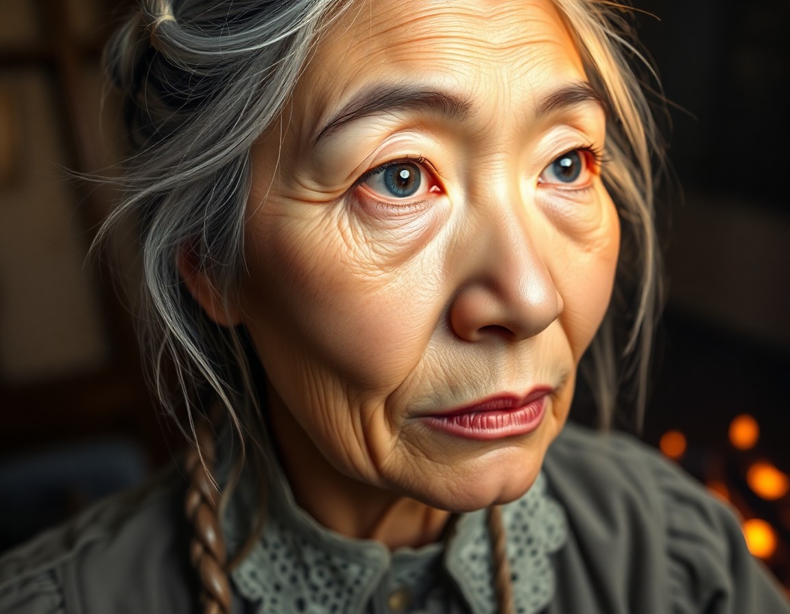 AI generated art for prompt: Envision a super-realistic portrait of an astute East Asian woman in her 60s with fair skin and deep