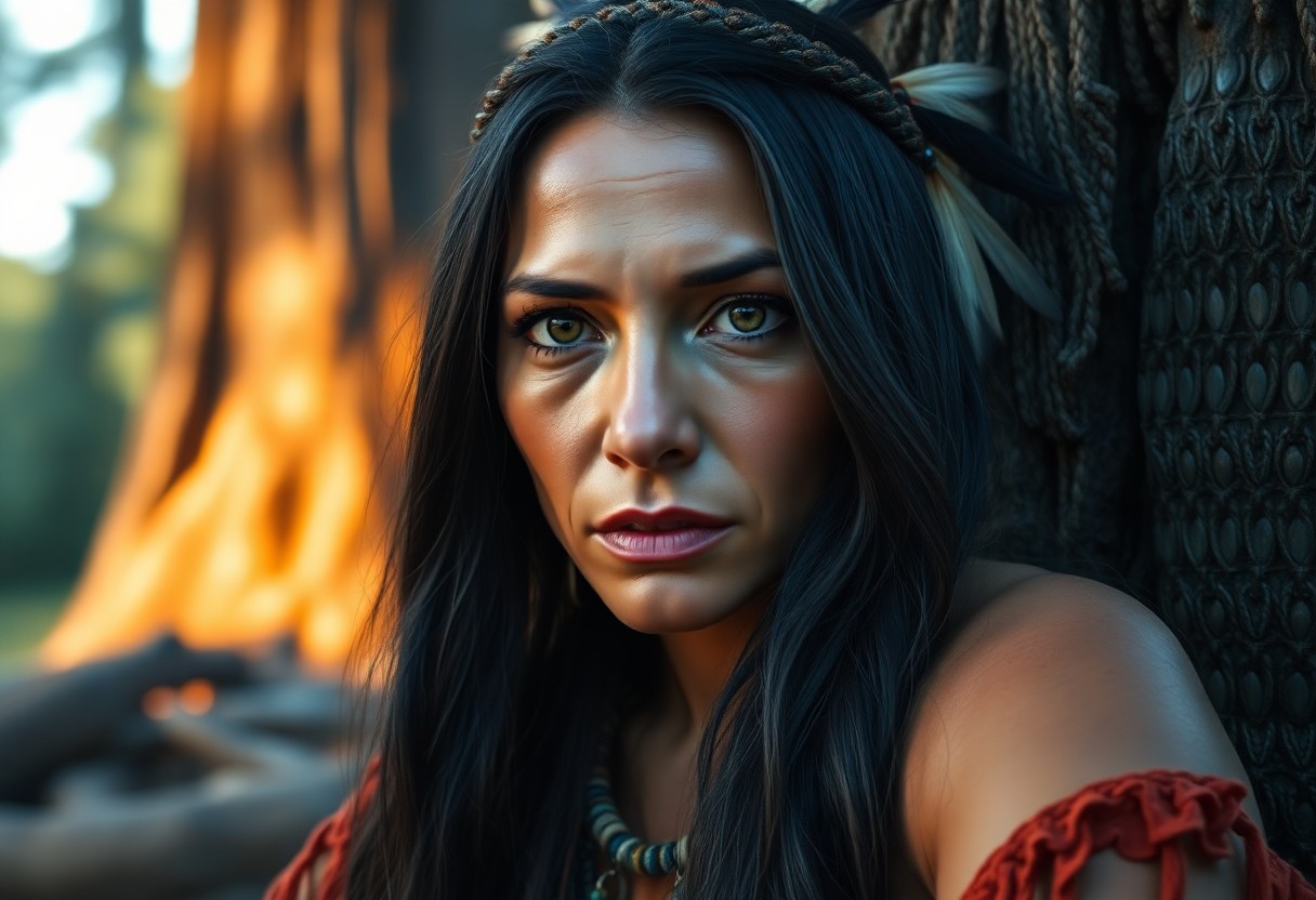 AI generated art for prompt: A photorealistic portrait captures an enigmatic Native American woman with deep brown eyes; her long