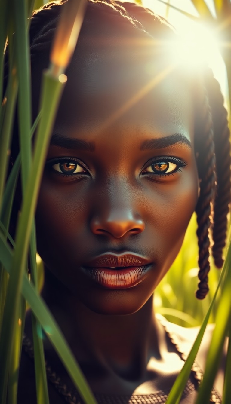 AI generated art for prompt: A photorealistic portrait photograph showcases an African woman's enigmatic presence amidst a sunlit