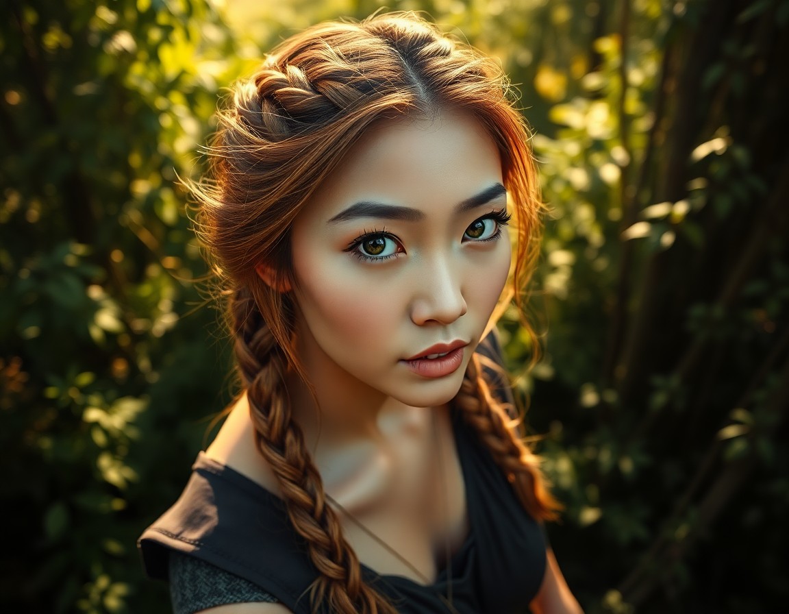 AI generated art for prompt: Craft a photorealistic portrait of an East Asian woman with captivating green eyes, defined cheekbon