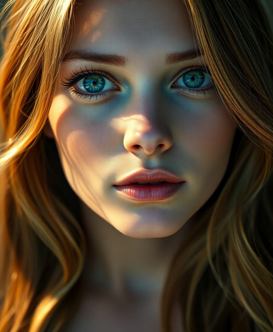 AI generated art for prompt: A hyperrealistic portrait showcases a European woman with mesmerizing green eyes and cascading golde