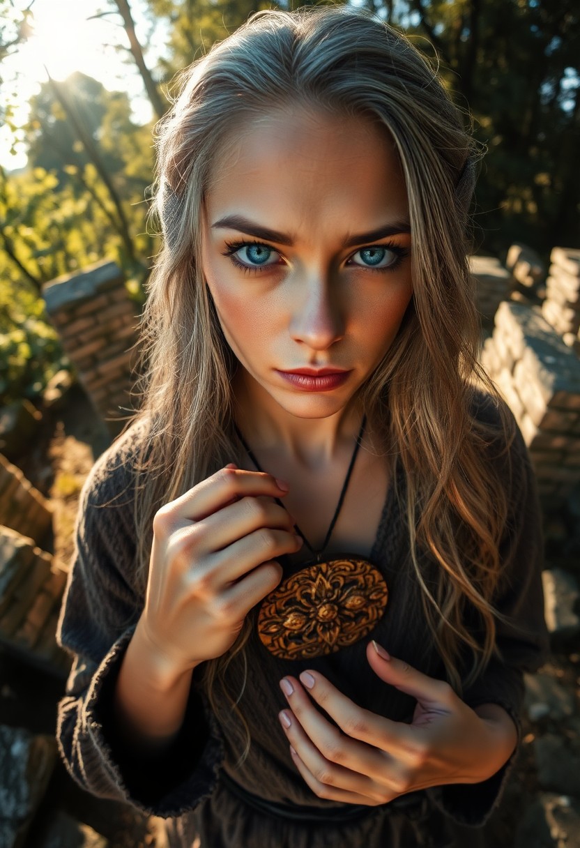 AI generated art for prompt: Envision a photorealistic portrait of a Slavic woman with piercing blue eyes and silver-streaked hai