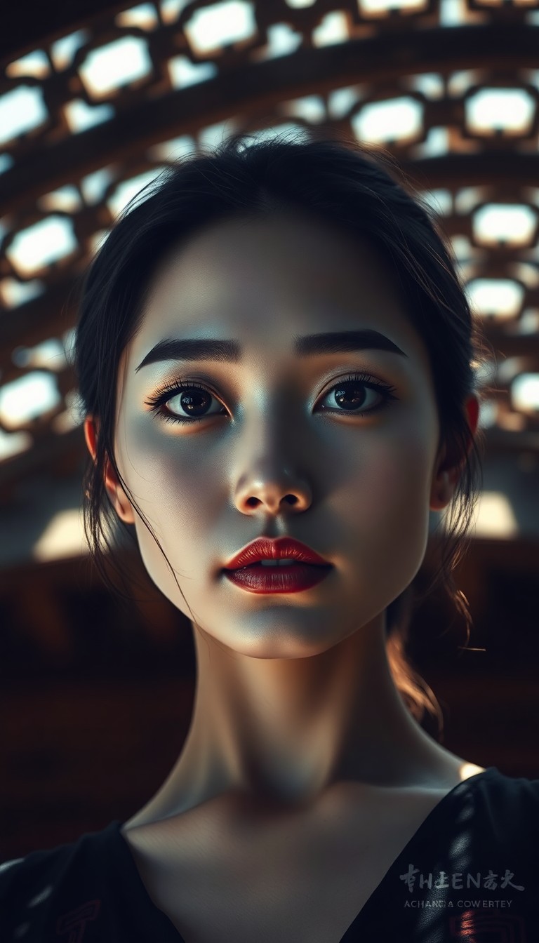 AI generated art for prompt: A photorealistic portrait photograph captures an enigmatic East Asian woman with porcelain skin and 