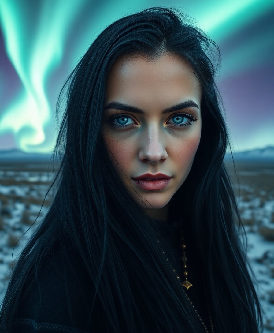 AI generated art for prompt: A photorealistic portrait photograph reveals a Slavic woman's piercing blue eyes and raven-black hai